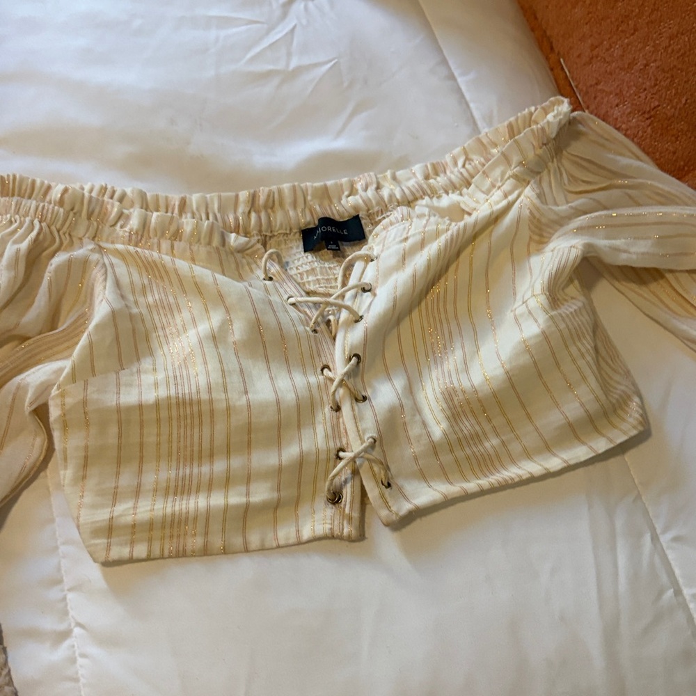 MAJORELLE Cream Lace-Up Top with Gold Accents